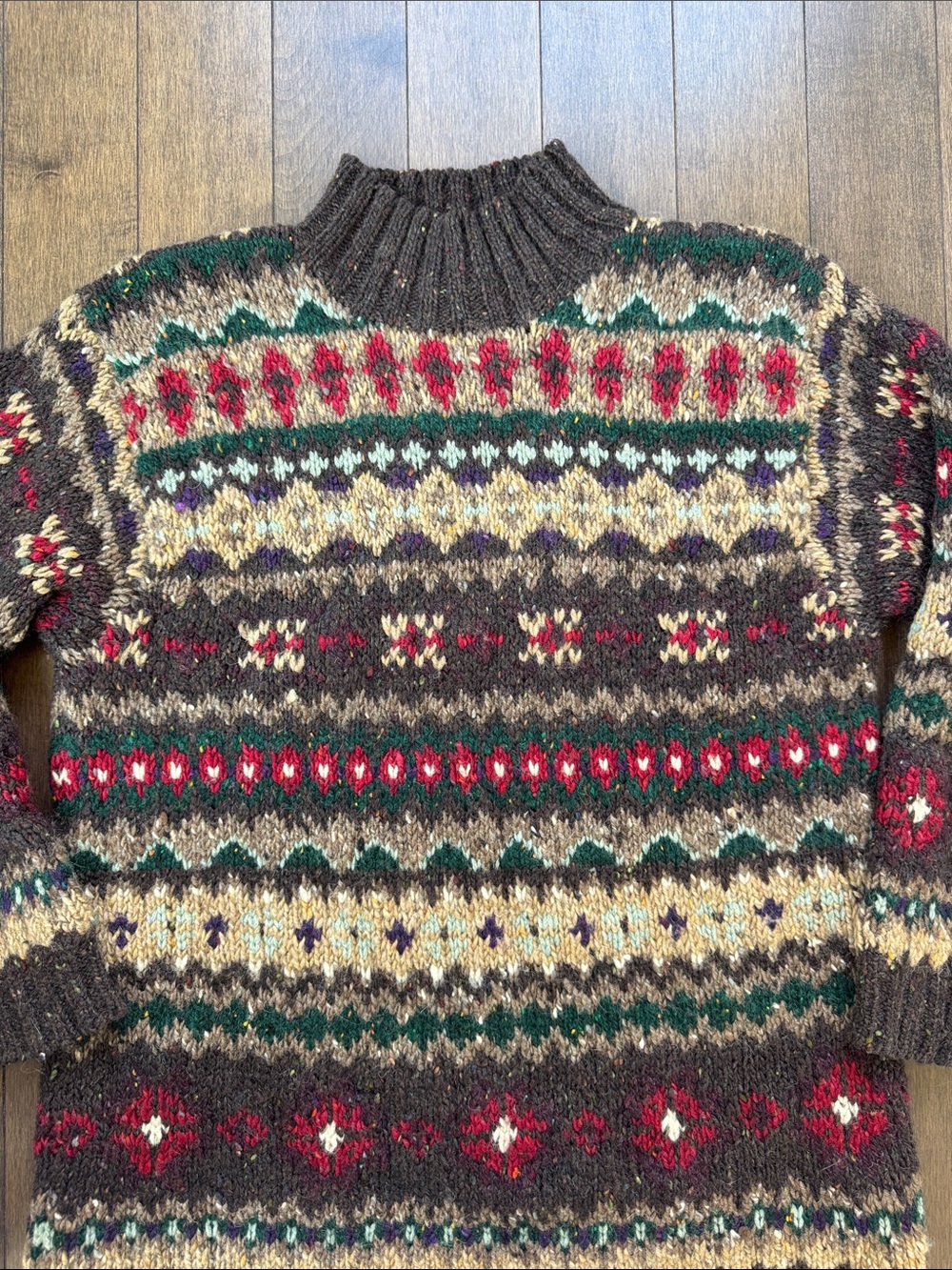 Vintage Hand Knit Wool Ralph Lauren Brown Fair Isle Turtleneck Sweater - Picture 2 of 4